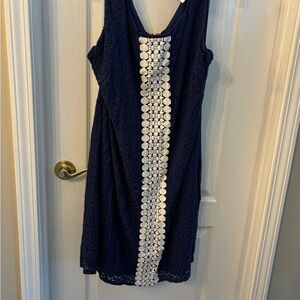 Nina Leonard Navy Dress with White Detailing